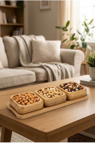 Makri Home Bambu 3'lü Çerezlik & Kuruyemiş Sunum Seti Kare Tepsili, Doğal Ahşap Servis Kasesi Bambu