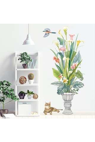 Çiçek Vazo Kedi Pvc Duvar Sticker Kendinden Yapışkanlı Ev Oturma Odası Dekorasyon Sticker Çıkarılabilir 62 115 Cm Şeffaf