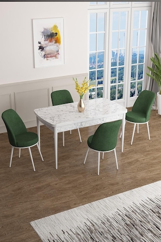Concept Han Serisi 70x114 Cm Açılabilir Mdf Mutfak Masa Takımı, Beyaz Mermer Desen Masa, 4 Haki Yeşil Sandalye Çok Renkli