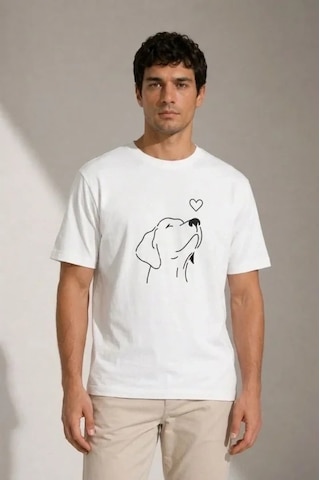 Defymoda Erkek Köpek Figürlü Minimal Baskılı Tişört Kısa Kol Yazlık T-shirt - Beyaz