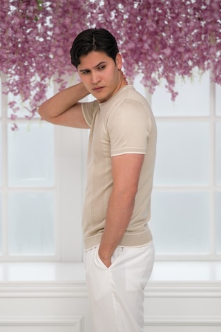 Advante Slimfit Kolları Lastikli Likralı Desenli Bisiklet Yaka Triko T-shirt Krem