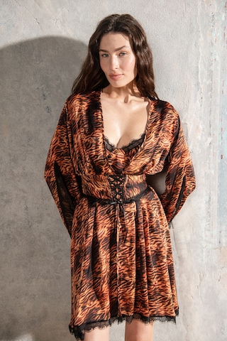 Lioran Desenli Dantel Detaylı Kısa Saten Sabahlık / Kimono Çok Renkli