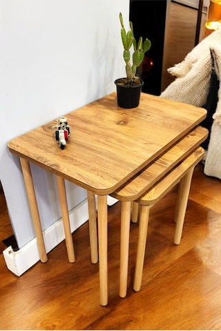 Doğal Ahşap Ayaklı 3'lü Zigon Sehpa Seti Çam