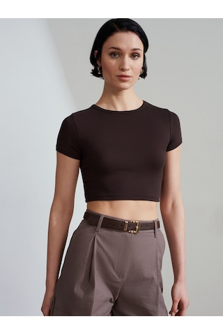 Dilvin 31104 Crop T-shirt-koyu Kahve Kahverengi