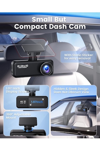 4k + 1080p Dash Cam Ön Arka Kamera, Wifi, 64gb Sd Kart, Ultra Gece Görüşü, G-sensör, Döngüsel Kayıt