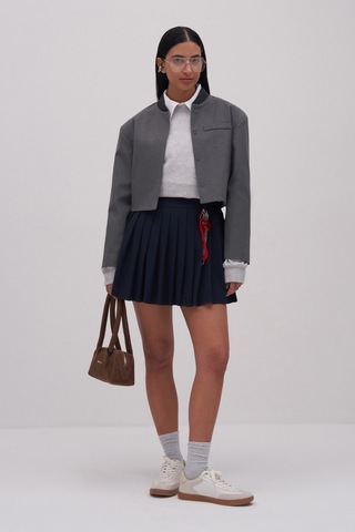 Yüksek Bel Pileli Mini Etek Lacivert