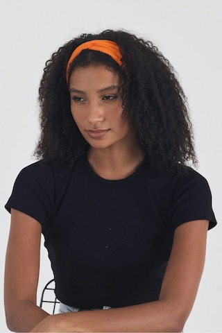 Siyah Kısa Kol Bisiklet Yaka Vücuda Oturan Kaşkorse Crop + Bandana Set %100 Pamumklu, Esnek Rahat Siyah-Turuncu