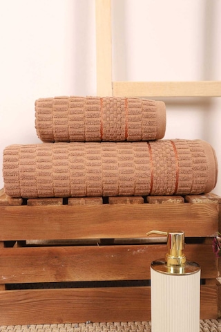 2 Parça Banyo Havlu Takımı %100 Pamuklu Çubuk Desen Kahverengi Diğer
