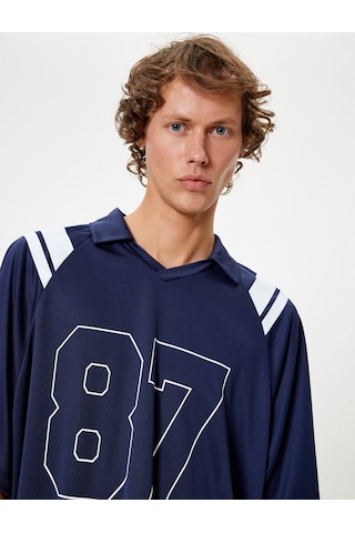 Koton Oversize Spor Tişört Kolej Baskılı Polo Yaka Kısa Kollu Lacivert 4sam10180nk Lacivert