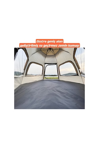 Tam Otomatik Su Ve Rüzgar Geçirmez Gölgelikli Altıgen Aile Çadırı 280x240x155 Cm Bej Bej
