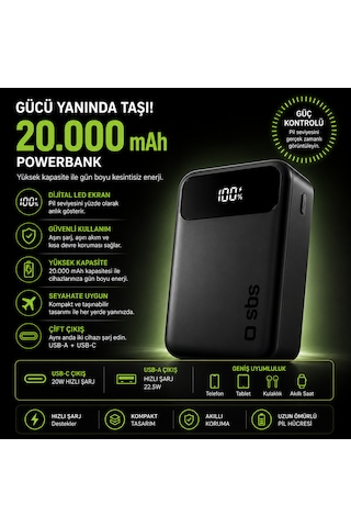 Sbs 20000 Mah Powerbank 20w Pd Hızlı Şarj Lcd Ekranlı Usb-c & Usb-a Taşınabilir Harici Batarya Siyah 20.000 Mah