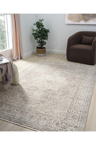 Mariesse Home Vintage Eskitme Desenli Makine Dokuma Salon Oturma Odası Halısı 10204 Bej