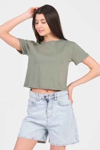 As Collection Yeşil Bisiklet Yaka Kısa Kol Örme Kadın Crop 001