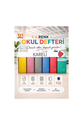 Contra Pp Kapak Spiralli 40 Yaprak A4 Kareli 12 Adet Defter Çok Renkli