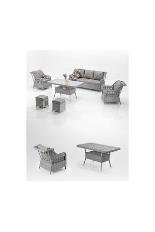 Dora Garden Home Ecem 7 Kişilik 3+1+1 2 Adet Puff Hediyeli Rattan Bahçe Takımı Açık Gri Siyah Çizgili