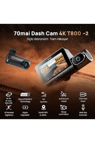 70mai T800-2 Ön Kamera +iç Kamera + Rc24 Arka Kamera 128gb