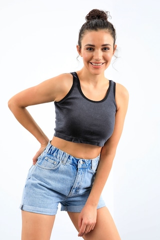 Tommy Life Lacivert Melanj Basic Sıfır Kol Dar Kalıp U Yaka Kadın Crop Top Atlet - 97162 Lacivert