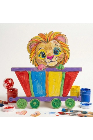 Boyanabilir Ahşap Vagonlu Aslan Figürü 13x13 Cm 10 Adet