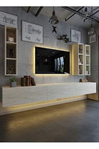 Resital Ledli Duvara Monte Tv Sehpası - Traverten - W6006-8 Traverten