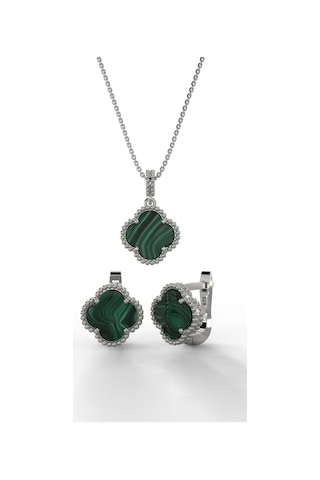 Erdobia 925 Ayar Yeşil Kaplangözü Taşlı Rodyum Yonca Kolye Küpe 2'li Gümüş Set-takım