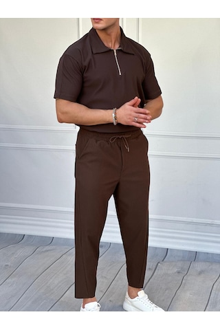 Modefendi Fermuar Detaylı Fitilli Oversize Alt Üst Takım Kahverengi