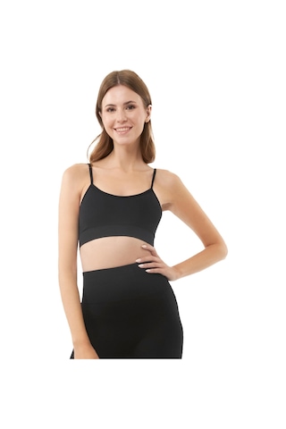 Siyah İp Askılı Çıkarılabilir Kaplı Seamless Kadın Crop Atlet Siyah