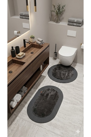 Rabbit Soft Hasır Dekoratif Klozet Takımı / Banyo Paspası / Modern / Şık /lüx / Banyo Halısı Antrasit