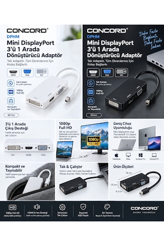 Concord Dphm Mini Displayport Thunderbolt - Hdmı Vga Dvı 3'ü 1 Arada Dönüştürücü Adaptör Siyah
