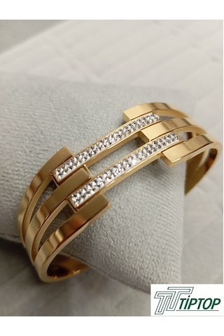 Üç Sıra Zirkon Taşlı Kelepçe Bileklik Gold