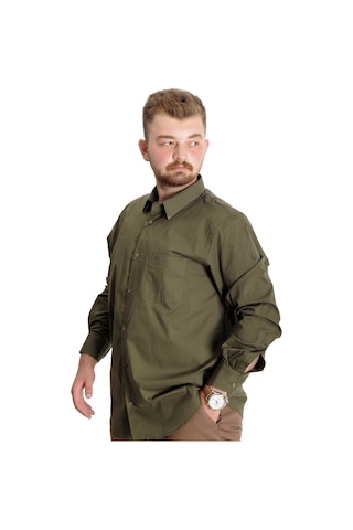 Mode Xl Büyük Beden Gömlek Ukol Cep Lycra Poplin 20350 Haki 001