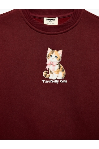 Koton Üç İplik Şardonlu Uzun Kollu Bisiklet Yaka Kedi Baskılı Sweatshirt Bordo 7wkg10259ak