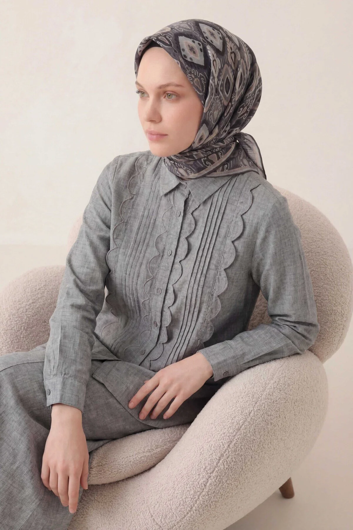 Silk Home Pamuk Karışımlı Soft Eşarp Baklava Desen Gri 90x90
