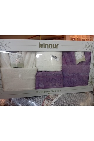 Yünteks Binnur Bamboo 8 Parça Aile Bornoz Takımı / %100 Pamuk / Aile Seti / Çeyizlik / Günlük / Modern / 1.kalite Beyaz - Lila