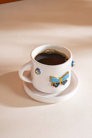 Rivaistanbul Kelebek Amore El Yapımı Seramik Double Kahve Fincanı Mug Kupa Krem
