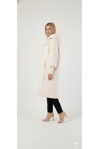 Kadın Gri Kapüşonlu Balon Kol Fermuarlı Kaban Oversize Midi Boy Kışlık Kaşe Mont Bej