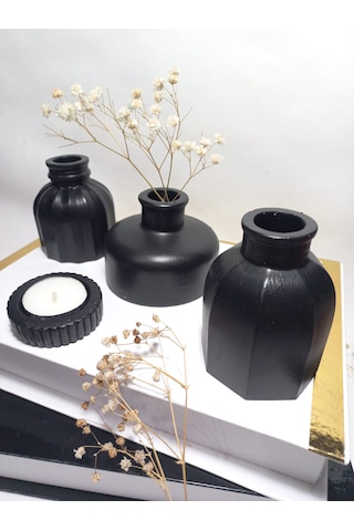 Modern Minimal Vazo Set 3'lü, Ev & Ofis Hediyelik, Dekoratif Obje, Siyah