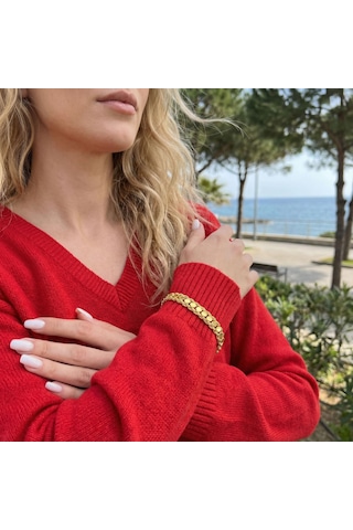 Ferizz 22 Ayar Altın Kaplama Oval - Dizel Zincir Unisex Bileklik Altın