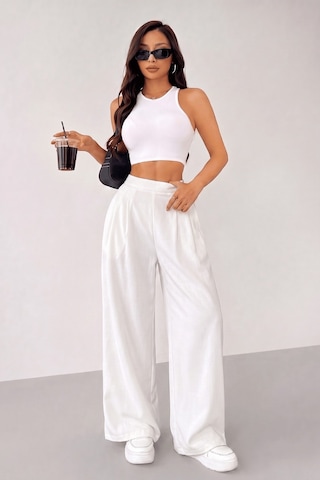 Genius Store Kadın Pantolon Scuba Krep Kumaş Beli Lastikli Cepli Pileli Geniş Paça Palazzo Pantolon Scuba-crep Beyaz