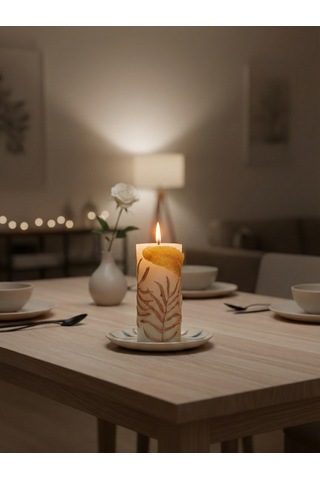 Tüy Kabartmalı Silindir Mum 14cm Altın - Beyaz