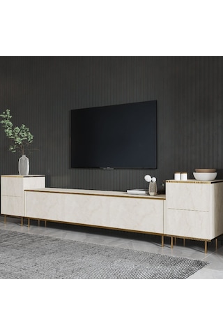 İmaj Tv Ünitesi Ve Komodin Set Traverten/gold, Oturma Odası Set, Tv Sehpası - Traverten Traverten