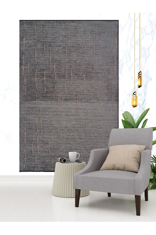Modern Desenli Yıkanabilir Şönil Dokuma Saçaklı Kaymaz Taban Salon Mutfak Halı Kilim Antrasit