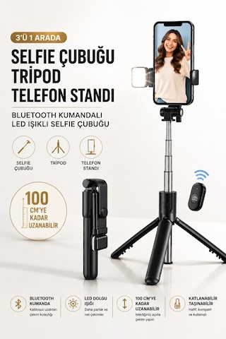 Concord 100 Cm Bluetooth Kumandalı Led Işıklı Selfie Çubuğu 3'ü 1 Arada Telefon Tripod Vlog Standı