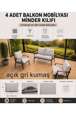 Doruk Home Doruk Açık Gri Balkon Mobilyası Minder Kılıfı 55x100cm 4 Oturumlu Minder Kılıfı