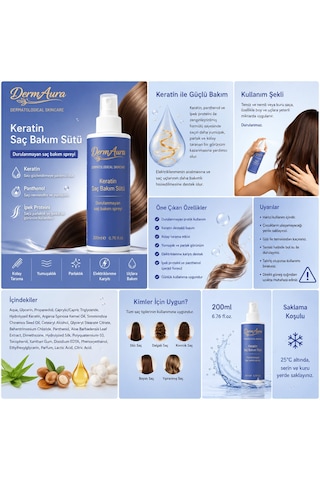 Dermaura Keratin Saç Bakım Sütü Durulanmayan Sprey 200 Ml Keratin & Panthenol Içerikli Kolay Tarama Etkili