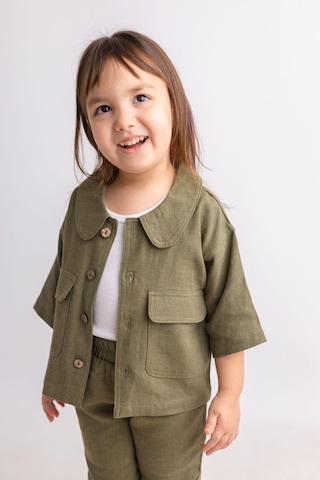 Oliven The Kid Oliventhekid Haki Keten Bebe Yaka Önden Düğmeli Kapaklı Cepli Kısa Kol Kız Çocuk Ceket Haki Haki