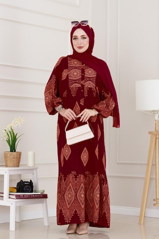 Sevitli Yarım Düğmeli Robalı Hira Elbise-bordo-4935