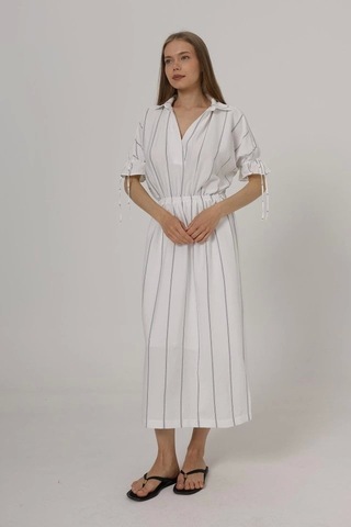 Defymoda Beli Lastikli Elbise - Beyaz Beyaz