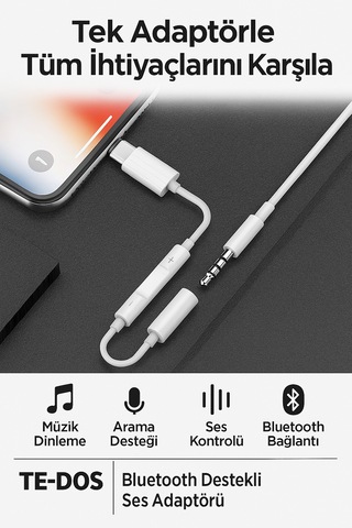 İphone İpad 8 Pin Lightning Aux Çevirici - 3.5 Mm Kablodan Kontrollü Jack Kulaklık Adaptörü 1 Adet