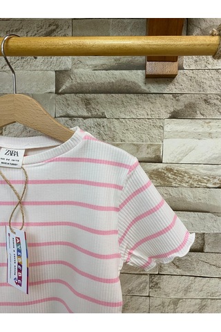 Aysbebe Çizgili Kız Tişört Pembe 1494