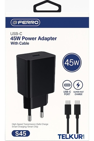 Ferro S45 Siyah 45w Usb-c Çıkışlı Süper Hızlı Şarj Adaptör Başlık - Typec & Typec 1m Kablo Seti